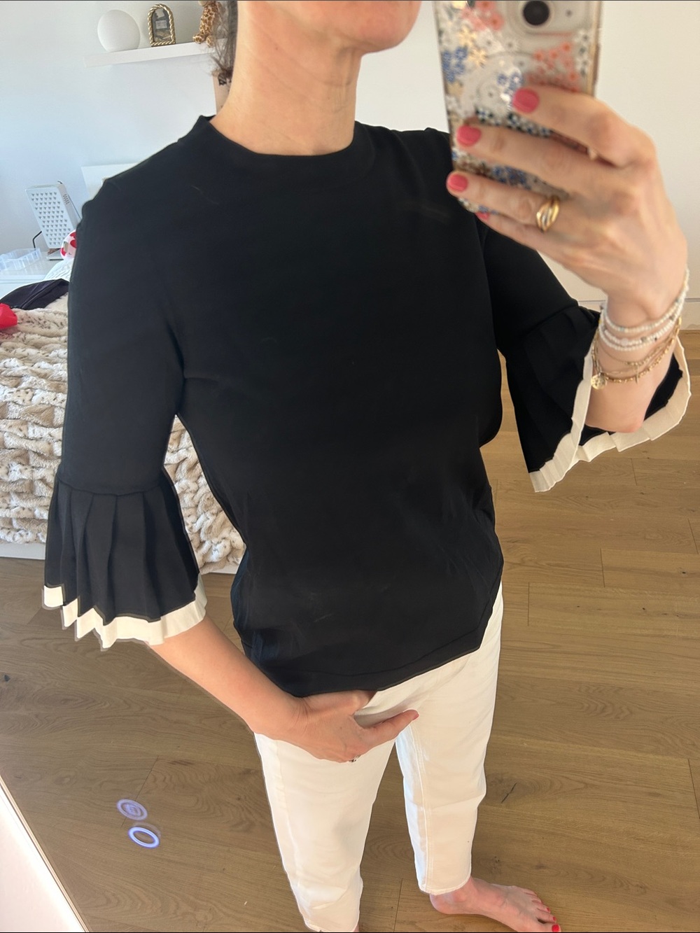COS Black Blouse with White Trimmed Ruffle Sleeves